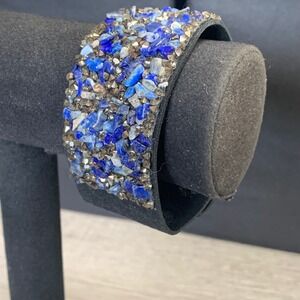 Blue Lapis Lazuli Stone Chip & Bronze Crystal Wide Black Cuff Bracelet Snap
